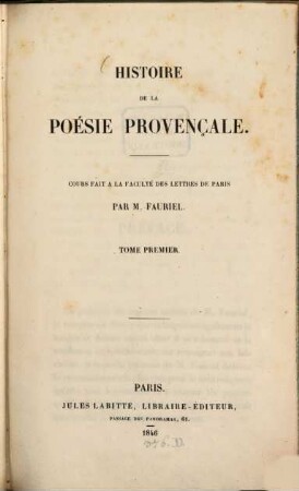 Histoire de la poésie provençale. 1