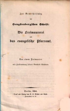 Zur Beurtheilung der [Ernst Wilhelm v.] Hengstenbergschen Schrift: Die Freimaurerei und das evangelische Pfarramt