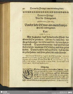 Die vierdte Predigt, Von der Widergeburt. gehalten den 13. Jun. 1684. on der liebe Gottes, als einem kennzeichen der widergeburt
