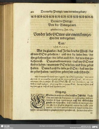 Die vierdte Predigt, Von der Widergeburt. gehalten den 13. Jun. 1684. on der liebe Gottes, als einem kennzeichen der widergeburt