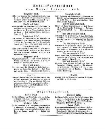 Inhaltsverzeichniß vom Monat Februar 1806