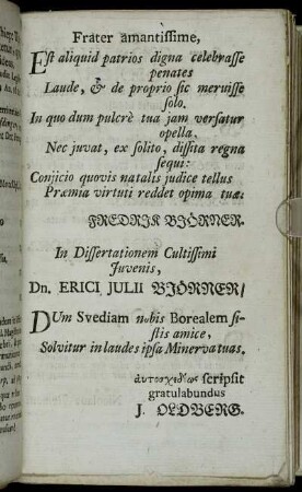 In dissertationem ... Erici Julii Björner ... scripsit gratulabundus ...