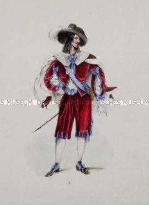 Mann im roten Samtkostüm mit Kniehose und geschlitzten Ärmeln, mit Umhang - Tafel aus Franceschini/Neue Kostümsammlung (Kassette 3)