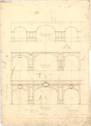 Pfann, Paul; München - Mittersendling, Zielstattstr.; Neue Schießstätte - Fensterwand, Rückseite u. Vorderseite der Galerie (Schnitte)