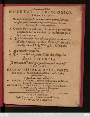 Disputatio Theologica Practica De vitae Evangelicorum emendatione summe necessaria, ubi ad brevem analysin tertii capitis posterioris Petrinae tractantur hae quaestiones ...