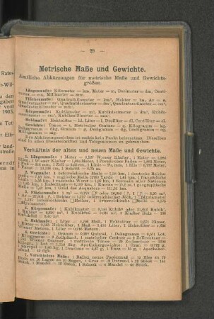 Metrische Maße und Gewichte.