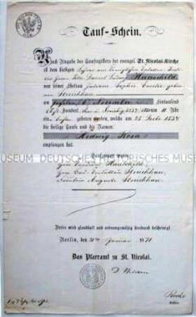 Konfirmationsschein für Charlotte Marie Anna Hauschild, Berlin 6. April 1848