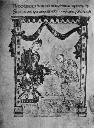 Martyrologium des Wandalbert von Prüm (Kopie des wohl 848 in Prüm hergestellten Originals) — Wandalbert überreicht sein Werk dem Kaiser Lothar, Folio 1 verso