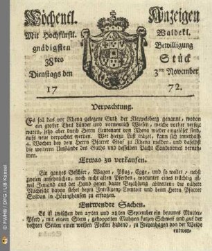 38tes Stueck, Dienstags den 3ten November 1772