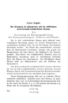 Erstes Kapitel - Die Bewegung im allgemeinen und im einförmigen kreisverwandt-veränderlichen System.