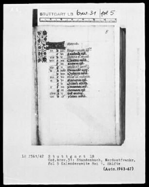 Lateinisch-französisches Stundenbuch — KL-Ligatur mit anschließender Ranke, Folio 5recto