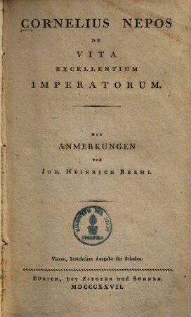 Cornelius Nepos De vita excellentium imperatorum