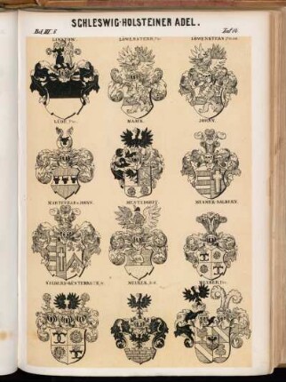 Taf. 14. Linstow. - Löwenstern, Fhr. - Löwenstern, Fhr. and. - Lüde, Fhr. - Maack. - Johnn. - Marteville v. Johnn. - Mentzdorff. - Mesmer-Saldern. - Saldern-Günterroth, Gr. - Meuer, St.-W. - Meuer, Fhr.