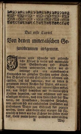 Das erste Cpaitel. Von denen mineralischen Gesundbrunnen insgemein.