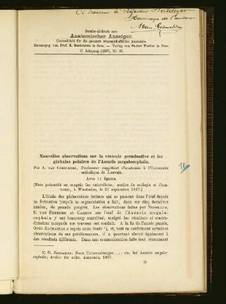 Nouvelles observations sur la vésicule germinative et les globules polaires de l'Ascaris megalocephala