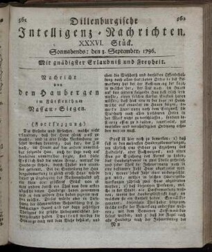 XXXVI. Stück. Sonnabends: den 3. September 1796.