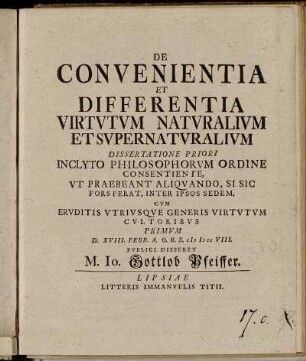 1: De Convenientia Et Differentia Virtvtvm Natvralivm Et Svpernatvralivm. Dissertatione Priori