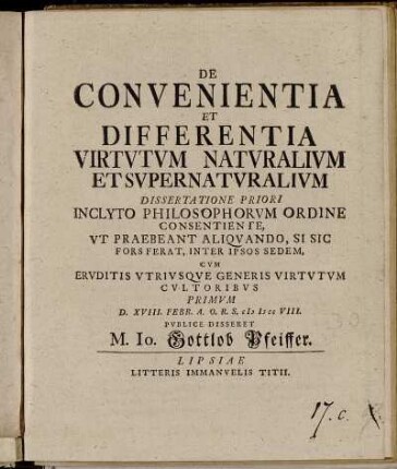 1: De Convenientia Et Differentia Virtvtvm Natvralivm Et Svpernatvralivm. Dissertatione Priori