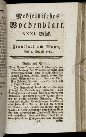 XXXI. Stück. Frankfurt am Mayn, den 3. August 1782. - XXXV. Stück. Frankfurt am Mayn, den 31. August 1782.