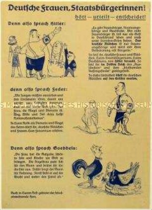 Flugblatt der Deutschen Staatspartei gegen das Frauenbild der NSDAP und Aufruf zur Reichstagswahl