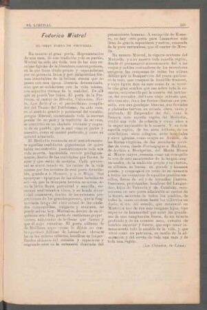 Federico Mistral : El gran poeta de Provenza. - (La Crónica, de Lima)