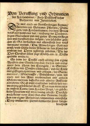 Von Beruffung und Ordination der Kirchendiener/ Auch Bisschofflicher Authoritet und Jurisdiction.