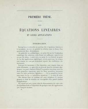 Première Thèse. Les Équations Linéaires et leurs Applications