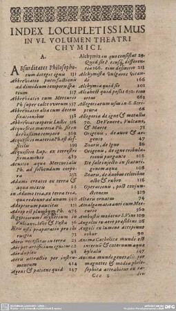 INDEX LOCUPLETISSIMUS IN VI. VOLUMEN THEATRI CHYMICI.