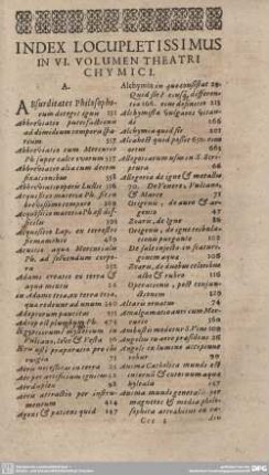 INDEX LOCUPLETISSIMUS IN VI. VOLUMEN THEATRI CHYMICI.