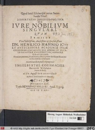 Dissertatio Iuridico-Politica De Iure Nobilium Singulari