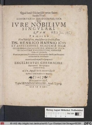 Dissertatio Iuridico-Politica De Iure Nobilium Singulari