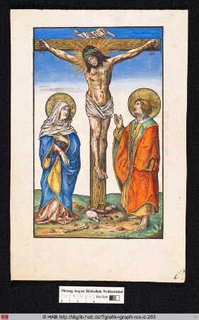 Christus am Kreuz, flankiert von Maria und dem Heiligen Johannes dem Evangelisten.