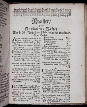 Register/ Oder Innhalts-Weiser Aller in dieser Verfassung sich befindenden merckwürdigen Sachen