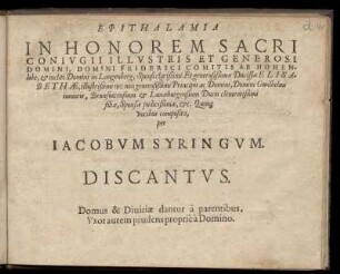 Jakob Syringus: Epithalamia in honorem sacri ... Discantus