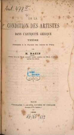 De la condition des artistes dans l'antiquité grecque : [Phil. Diss. Paris 1865]
