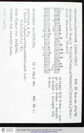 Sinfonia / a / 2 Corn / 2 Violin / Viola / e / Cembalo / [Incipit] / Christoph Graupner.
