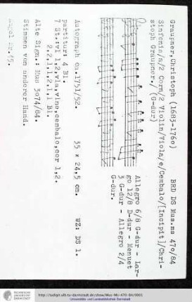 Sinfonia / a / 2 Corn / 2 Violin / Viola / e / Cembalo / [Incipit] / Christoph Graupner.