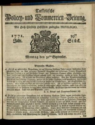 39tes Stueck, Montag den 30ten September 1771