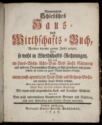 Neuvermehrtes Schlesisches Haus- und Wirthschafts-Buch : Welches durchs gantze Jahr zeiget, Was so wohl in Wirthschafts-Rechnungen, Als auch im Haus-Wesen, Acker-Bau, Vieh-Zucht, Gärtnerey und anderen Oeconomischen Sachen, in Acht zu nehmen und zu verrichten ist, damit ein guter Nutzen daraus erfolget : Nebst einem wohl approbirten Vieh- Roß- und Artzney-Buche, und dienlichen Haus-Mitteln versehen, alles aus eigener Erfahrung zusammen getragen Und bey dieser neuen Auflage Mit einem wohl eingerichteten Koch- und Trenchier-Büchlein Und mit Dem wohl unterwiesenen Brandtewein-Brenner und Destilirer, auch einer Anweisung von Confect-Backen vermehret