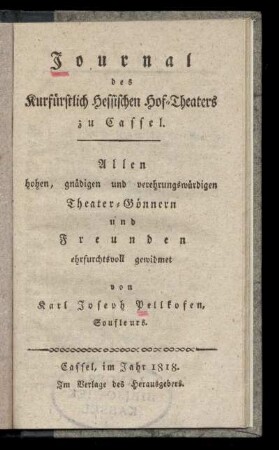 [Journal des Kurfuerstlich Hessischen Hof-Theaters zu Cassel. 1818]