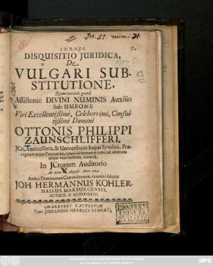 Disquisitio Juridica, De Vulgari Substitutione