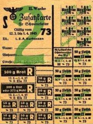 Lebensmittelmarken - Zusatzkarte S 73 für Schwerarbeiter