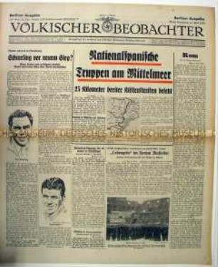 Fragment der NS-Tageszeitung "Völkischer Beobachter" u.a. zum Vorstoß der Franco-Truppen in Spanien