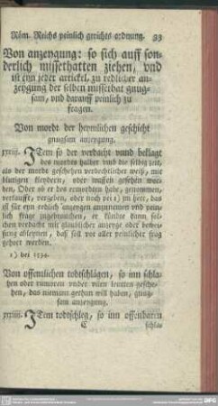 Von anzeygung: so sich auff sonderliche missethatten ziehen, und ist eyn jeder artickel, zu redlicher anzeygung der selben missethat gnugsam, und darauff peinlich zu fragen