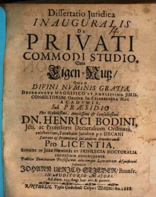 Disseratatio iuridica inauguralis de privati commodi studio, vom Eigen-Nutz