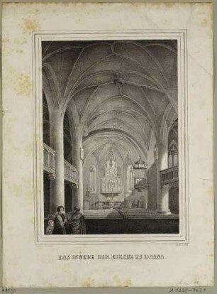 Innenansicht der Marienkirche in Dohna, südöstlich von Dresden, Blick auf den spätgotischen Flügelltar, aus: Sachsen sonst und jetzt, 1848.