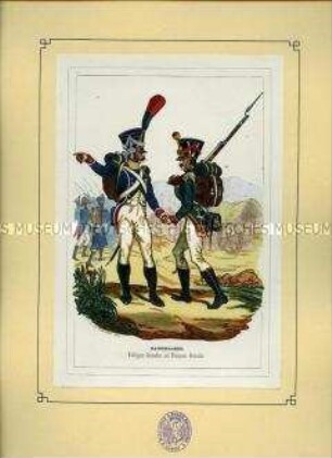 Uniformdarstellung, Voltigeur-Grenadier und Flanqueur-Grenadier der Kaiserlichen Garde, Frankreich, 1804. Aus: Bellangé: Die Soldaten der französischen Republik und des Kaiserreichs.