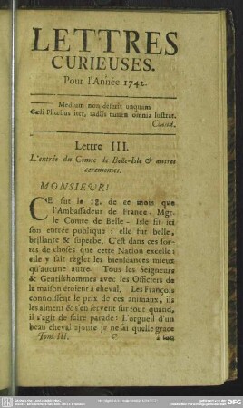 Lette III. L' entrée du Comte de Belle-Isle & autres ceremonies