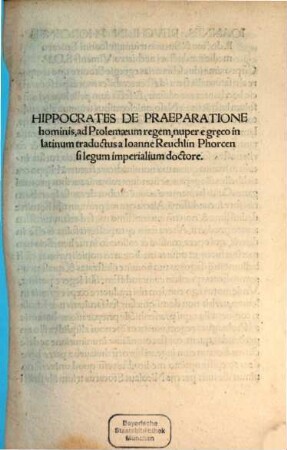 Hippocrates De Praeparatione hominis, ad Ptolemaeum regem