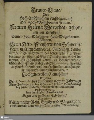 Trauer-Klage Bey ... Leichbegängniß Der ... Frauen Helena Dorothea , gebornen von Kreytzen ...